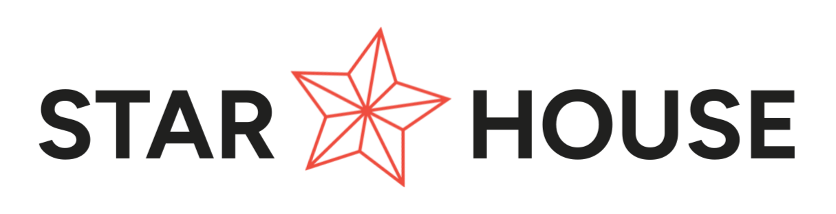 Logo with the words 'Star House' separated by a red, five-pointed star outlined in red.