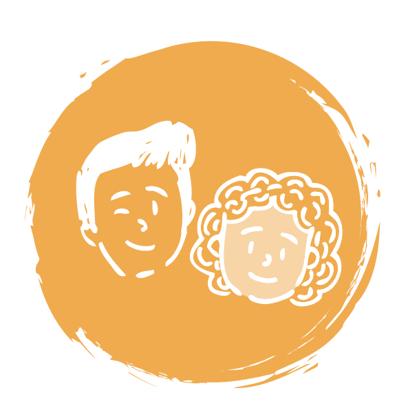 Illustration of a smiling man and woman with curly hair inside an orange circle with a rough-edged border.
