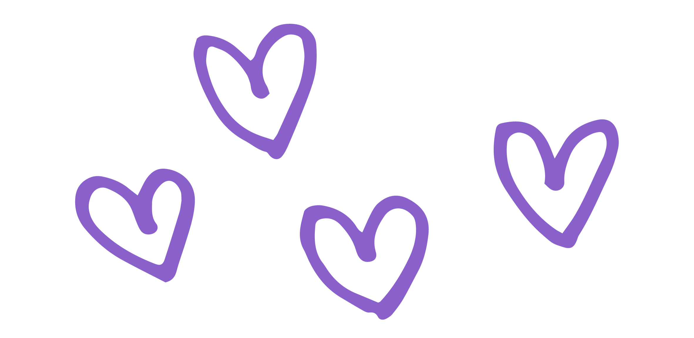 Five purple hand-drawn hearts on a black background.