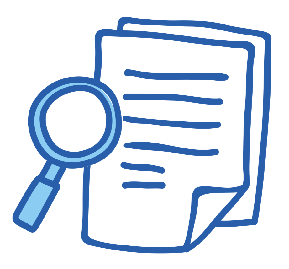 Blue outline illustration of a magnifying glass over a stack of papers with lines of text.