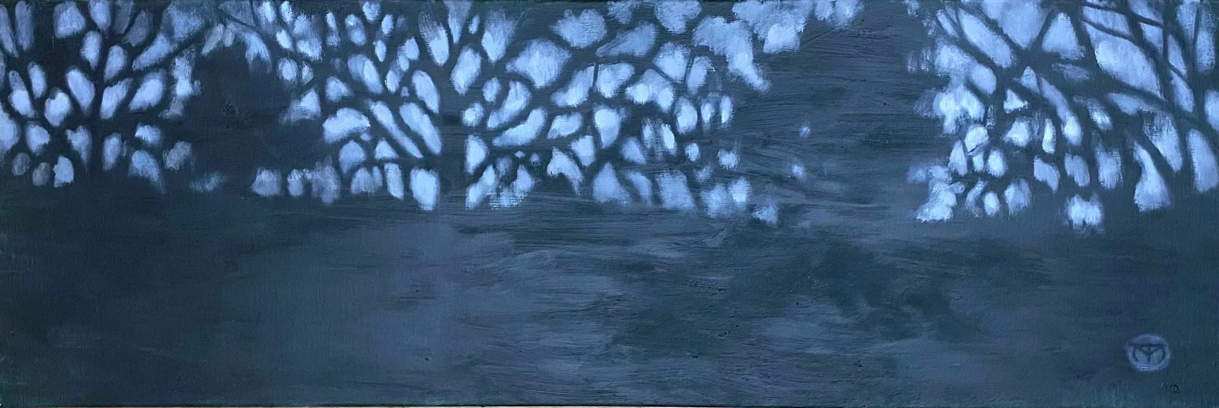 Shadows of leaves and branches cast on a dark wall