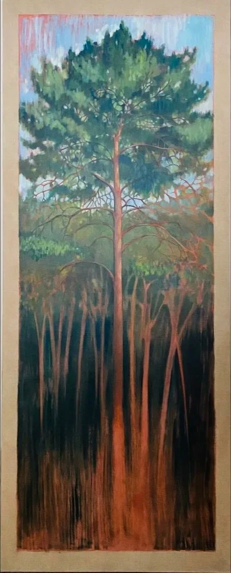Painting of a tall pine tree with green foliage, with a forest background and a dark lower section resembling roots or shadowed ground.