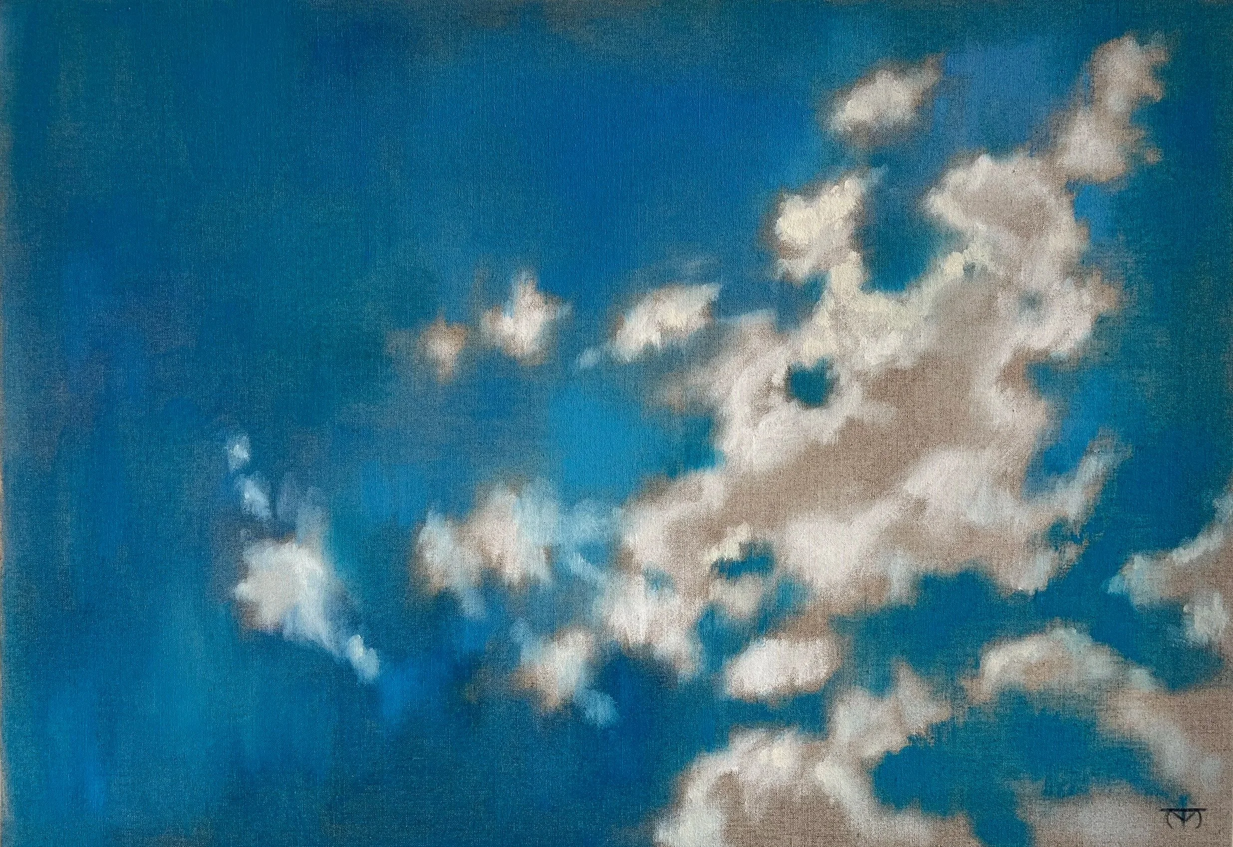 A painting of a blue sky with scattered white and gray clouds.