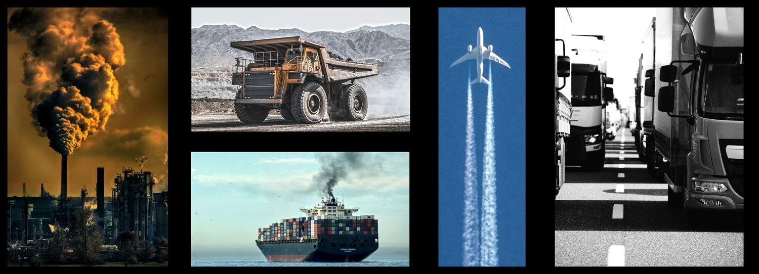 Collage of environmental pollution and transportation images: factory emissions, mining truck, airplane flying high, cargo ship emitting smoke, and a row of trucks in traffic.