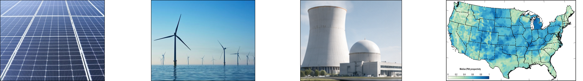 Series of images showing renewable energy sources including solar panels, offshore wind turbines, a nuclear power plant, and a US map indicating median solar potential across states.