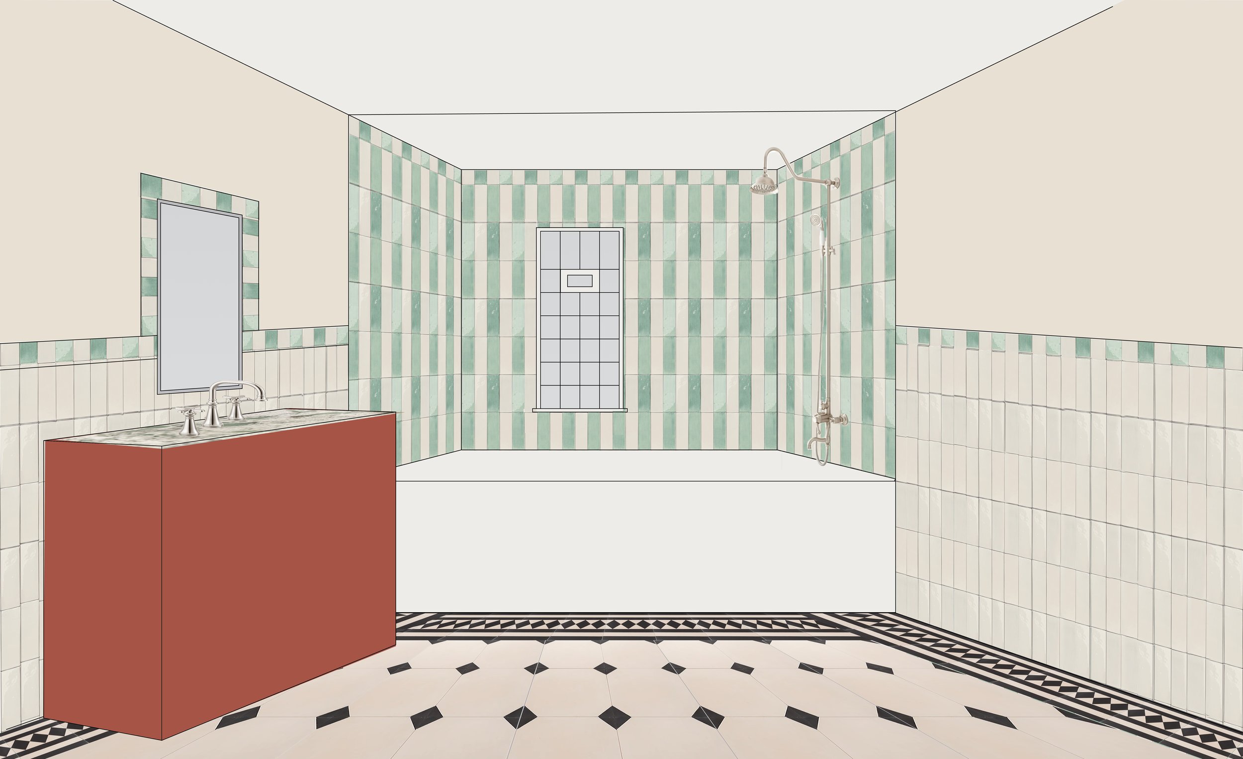 A bathroom with a red vanity with a mirror, a window, and a shower with a spray head. The walls are decorated with green and white striped tiles and white tiles, and the floor has black and white patterned tiles.