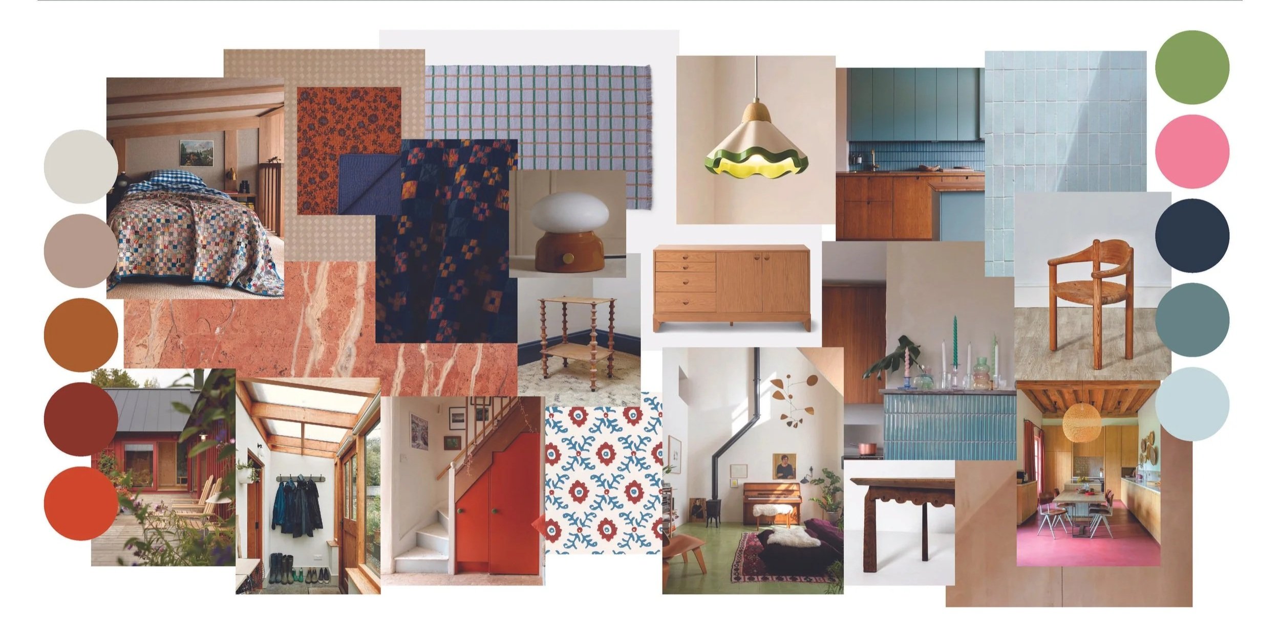 Collage of various interior design elements including a bedroom with a patchwork quilt, fabric swatches, a modern table lamp, wooden furniture, patterned rugs, and different room decor styles.