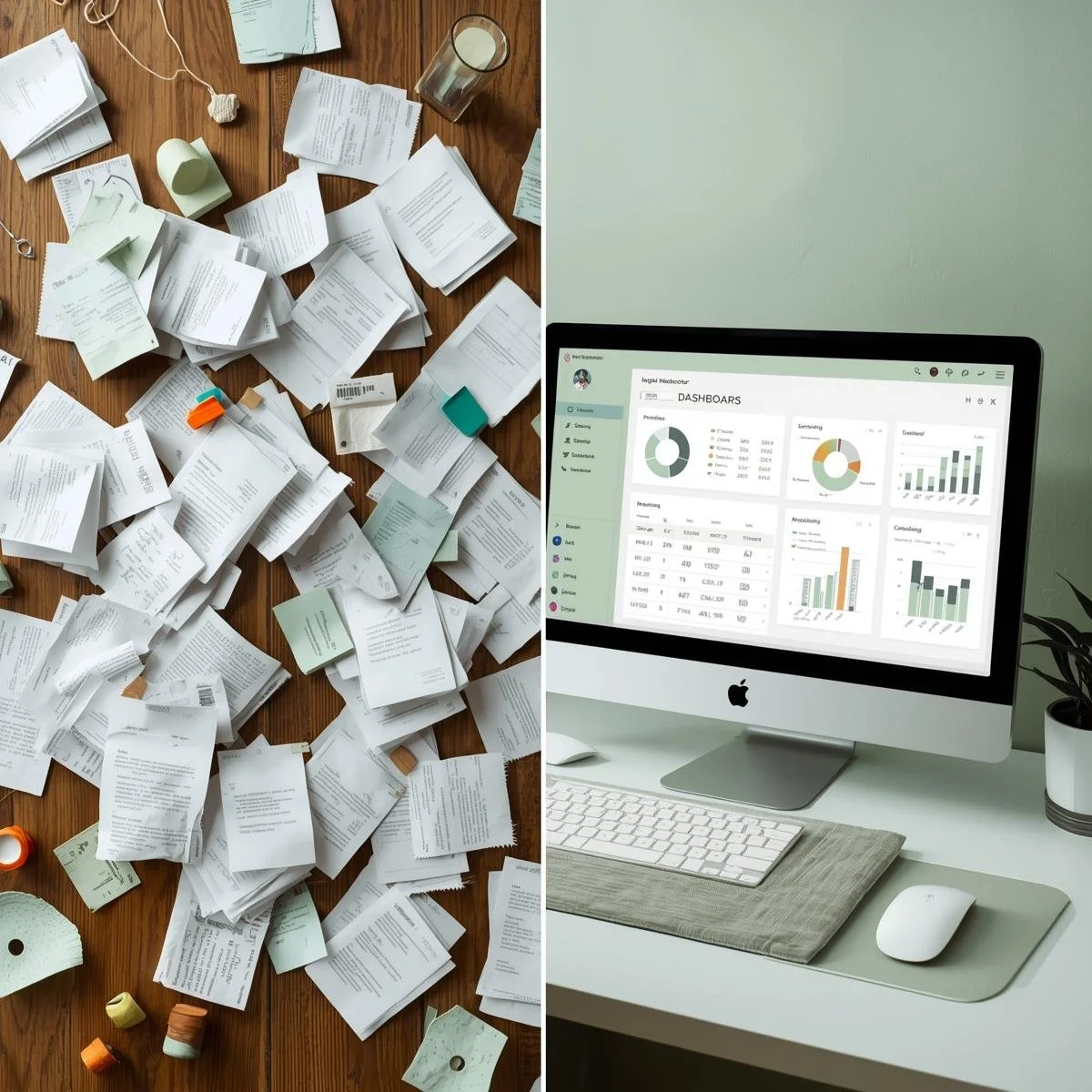 “Before & After” file folder image_ one messy desk (receipts everywhere) vs. an organized digital dashboard. With also a color theme in green, but with a vibe that the client is a yoga instructor.jpg