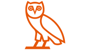 Orange outline of an owl standing on a branch against a black background.