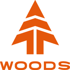 Orange stylized tree with the word 'WOODS' beneath it in orange.