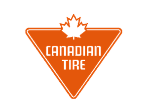 A triangular sign with an orange border and background, featuring a black maple leaf at the top, and the words 'CANADIAN TIRE' in the center.