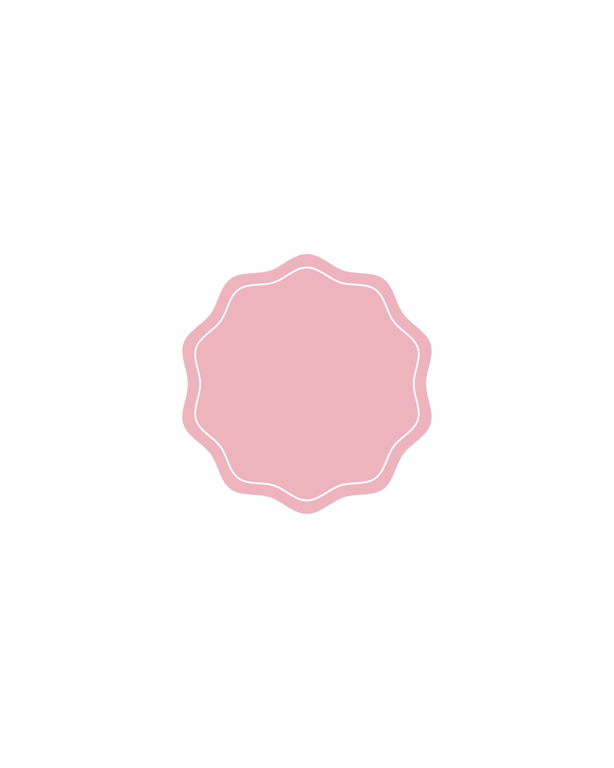 Pink badge with scalloped edges and white outline on a black background.