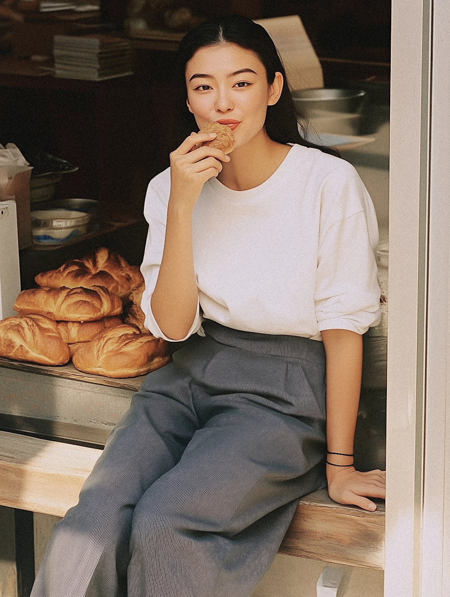  Young woman sitting in a bakery doorway, casually eating a pastry with a relaxed smile, with several loaves of bread stacked beside her. 