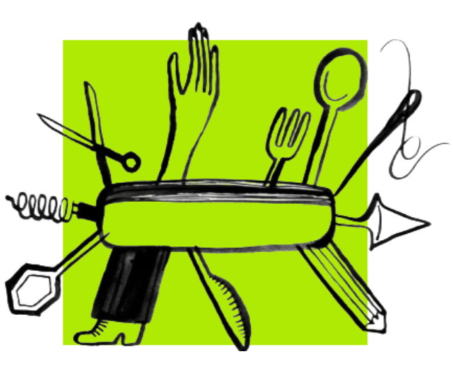 Black line art illustration of a Swiss Army knife with various tools and utensils protruding, including a spoon, fork, knife, scissors, a leg, and a hand, against a lime green background.