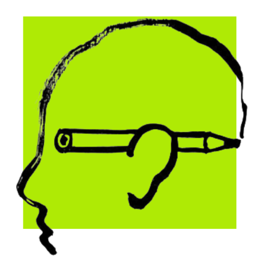 Black line art illustration of a human head in profile with a pencil behind the ear on a lime green background.