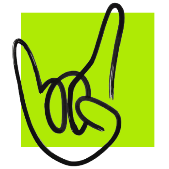Black line art illustration of a hand making the 'rock on' gesture against a lime green background.