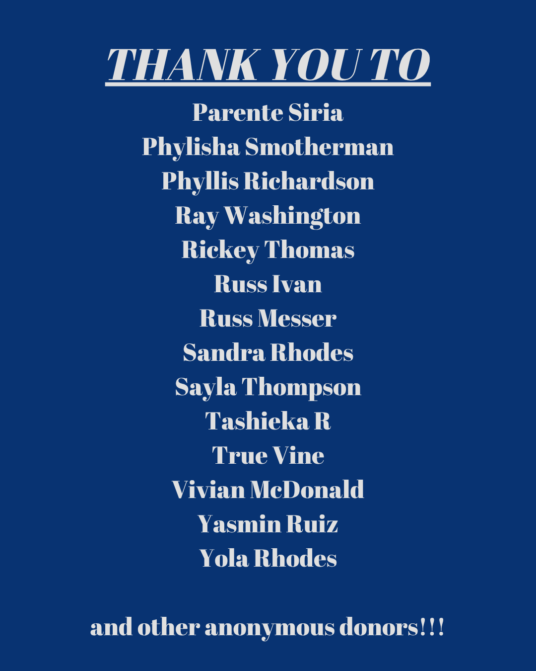 A thank you message listing names of donors on a blue background with white text.