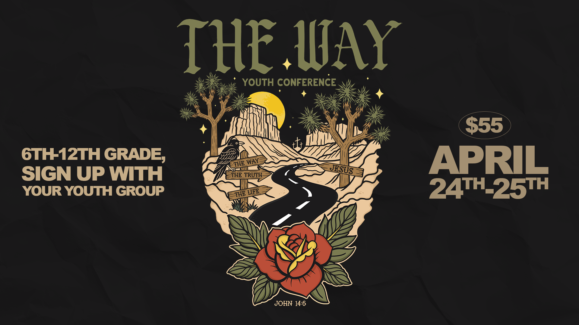 A promotional poster for a youth conference titled "The Way" with a scenic illustration of a winding road, mountains, trees, a bird, a full moon, stars, and a large flower, with event details including date, price, location, and a Bible verse from Jo