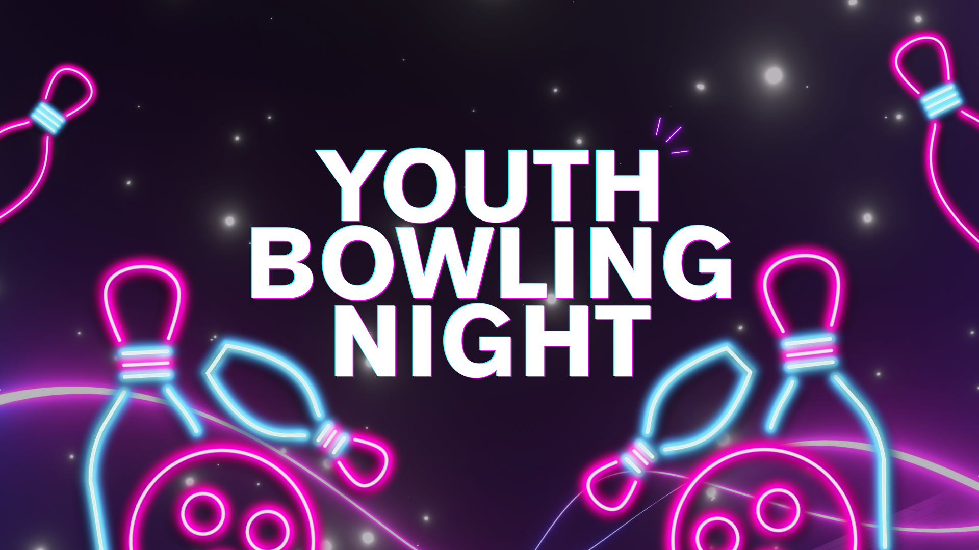 Neon signs of bowling balls and pins with the text 'Youth Bowling Night' in the center against a dark background with small glowing stars.
