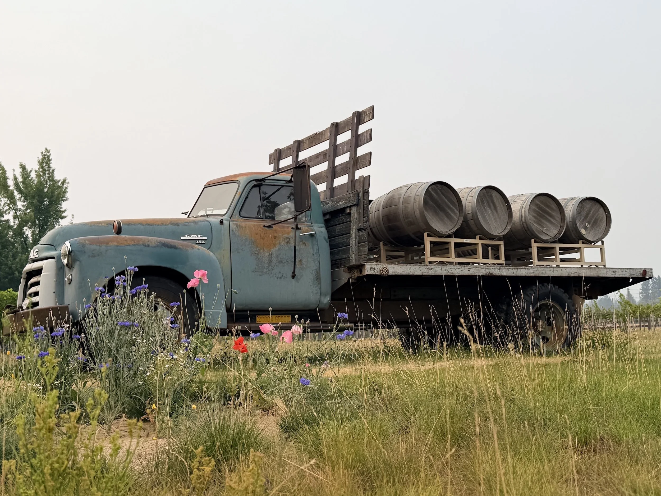 An old blue truck with rust spots and a wooden flatbed carrying three large metal barrels is parked on a grassy field with wildflowers. Trees are visible in the background under a cloudy sky.