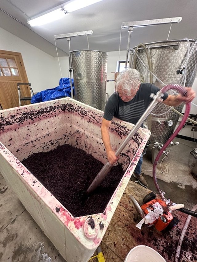 A man inside a winery cellar using a vacuum pump on a large wine fermentation vessel filled with crushed grapes.