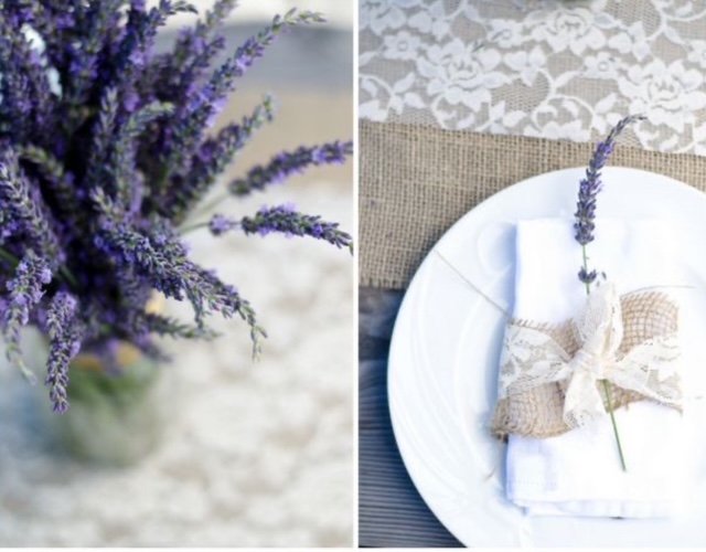 Close-up of lavender flowers and a table setting with a lavender sprig on a napkin tied with a lace ribbon on a white plate