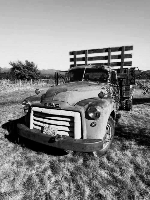 Old, rusty GMC flatbed truck parked on a grassy field with a wooden fence and trees in the background.