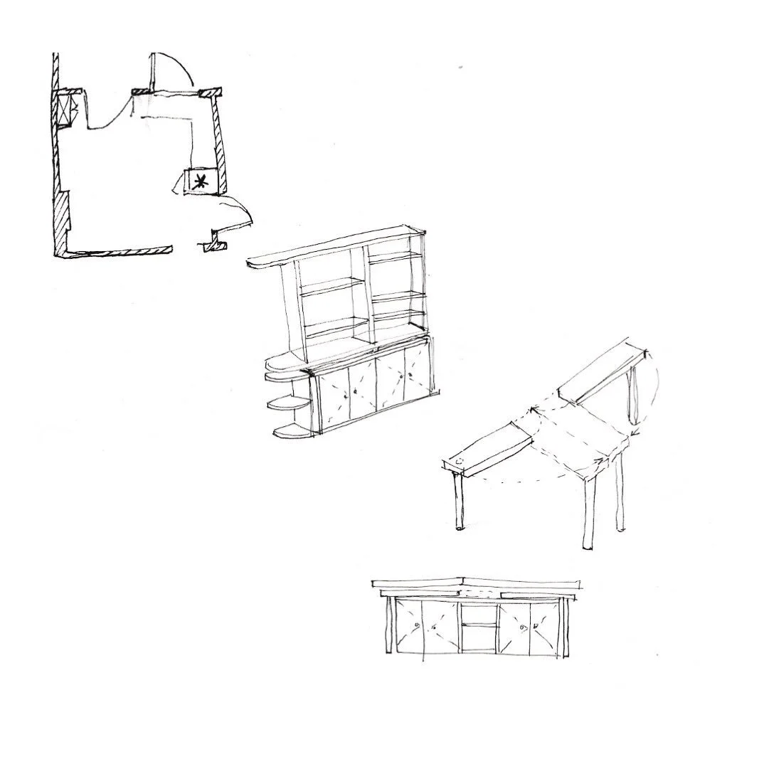 l SKETCHES l Croquis rapides de recherche de mobilier sur-mesure pour une biblioth&egrave;que couteau-Suisse avec table r&eacute;tractable pour un tout petit espace. 

Vous avez un int&eacute;rieur &agrave; optimiser ? Vous souhaitez r&eacute;nover m