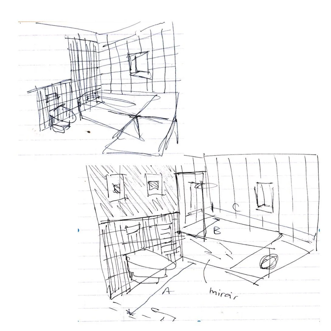 l ESQUISSE l Croquis rapides de recherches pour une salle de bain avant trac&eacute; plus pr&eacute;cis. 
Je pose toujours les id&eacute;es sur papier &agrave; c&ocirc;t&eacute; des logiciels, l&rsquo;id&eacute;e est d&rsquo;exprimer un concept rapid