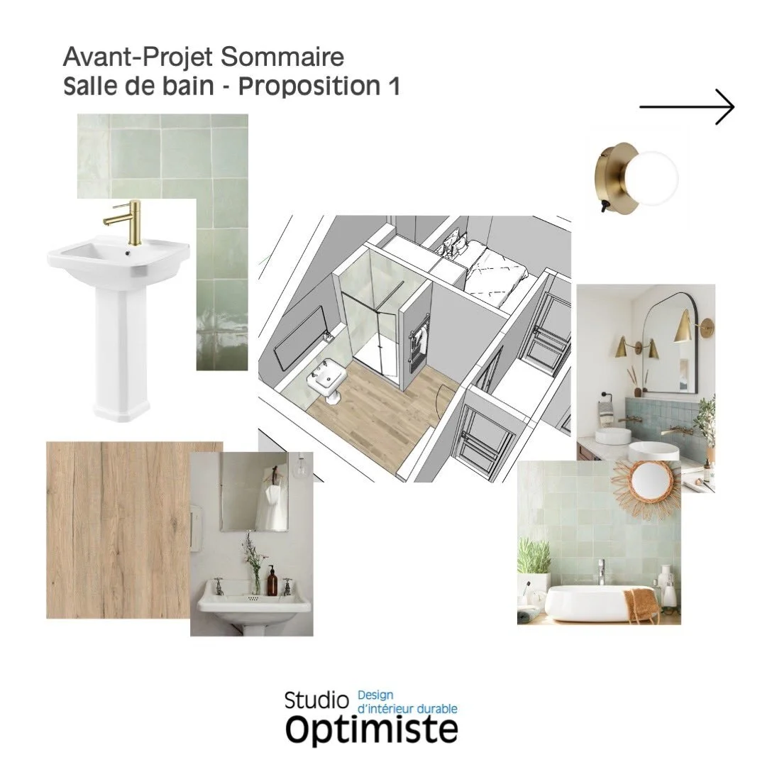 l PROJET CLIENT l 

Am&eacute;nagement de combles dans un petit village proche de Cormatin en Bourgogne : 

Avant-projet sommaire: Proposition de deux options pour une salle-de-bain avec deux ambiances diff&eacute;rentes. On pr&eacute;cise les choix,
