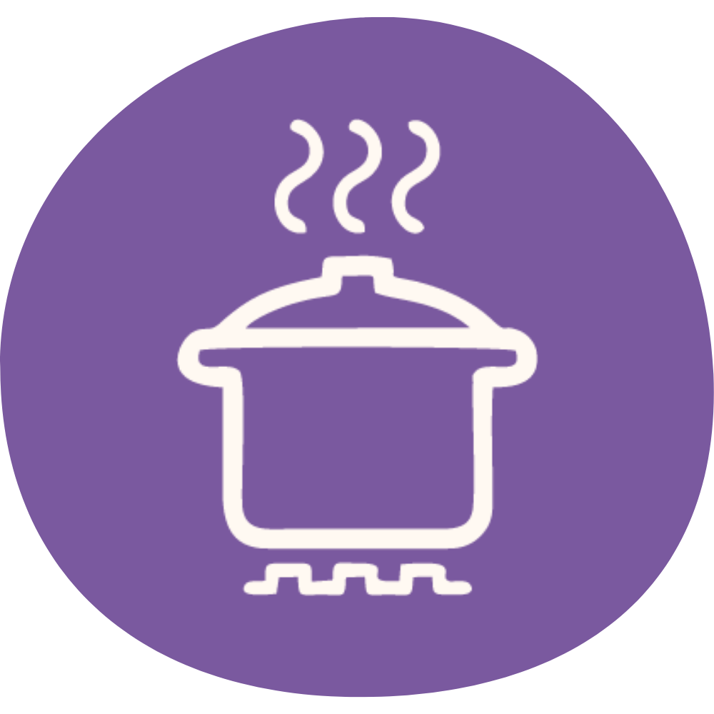 Icon of a steaming cooking pot on a stove on a purple circular background.