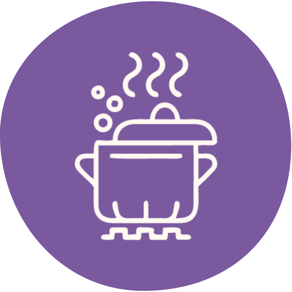 Icon of a steaming cooking pot on purple background.
