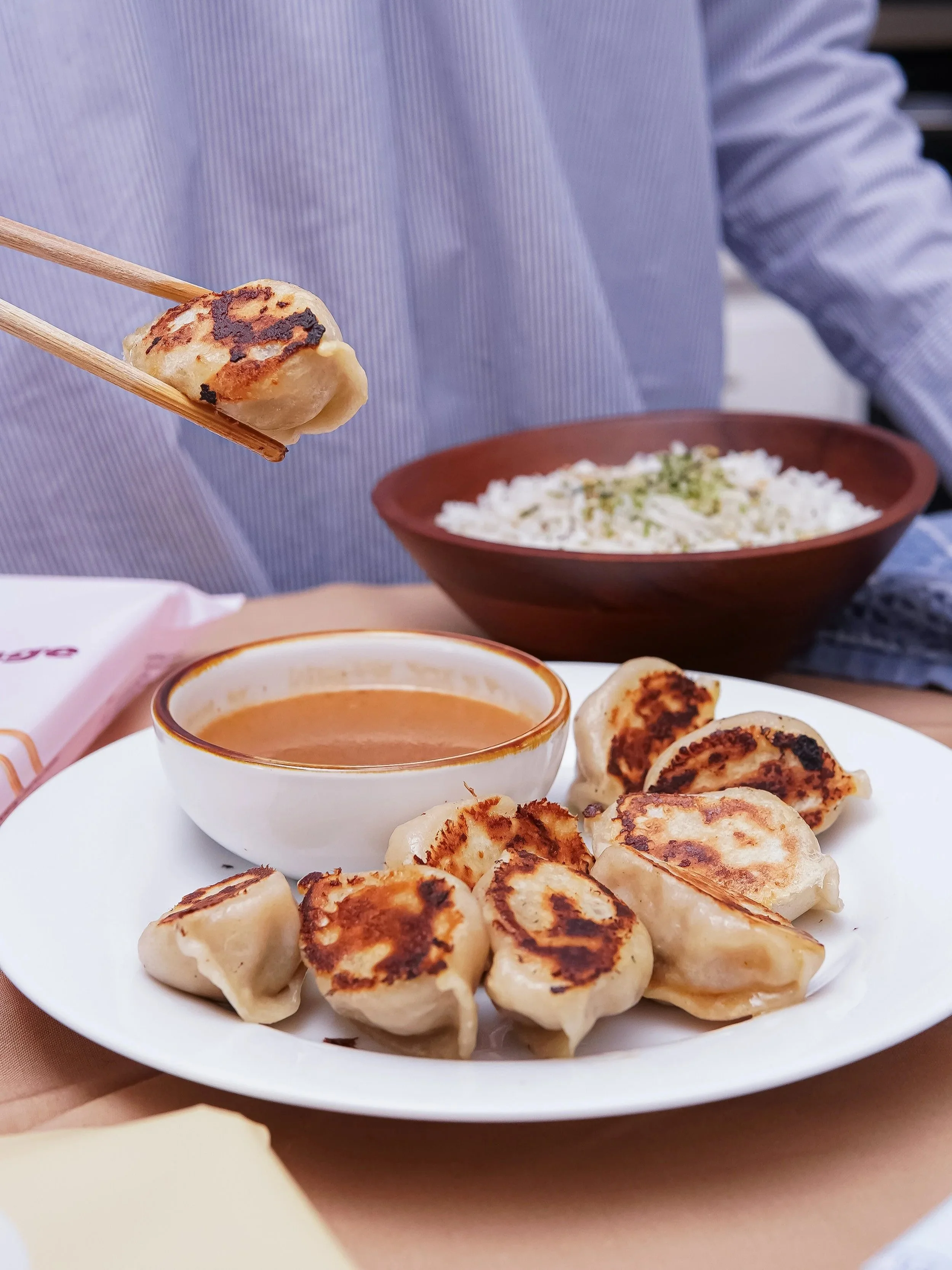 Plate of pan-fried dumplings with dipping sauce, rice in a brown bowl, and chopsticks holding one dumpling over the plate.