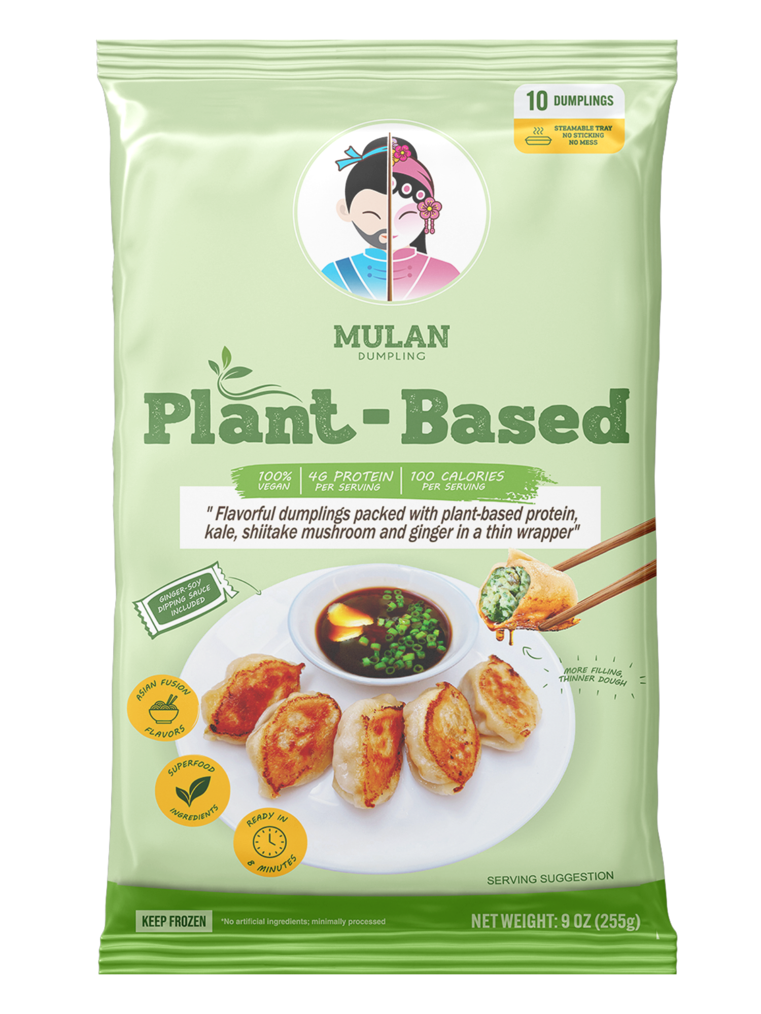 Green package of Mulan plant-based dumplings with visual of cooked dumplings, soy sauce, and chopsticks, highlighting vegan, high protein, and Asian fusion features.