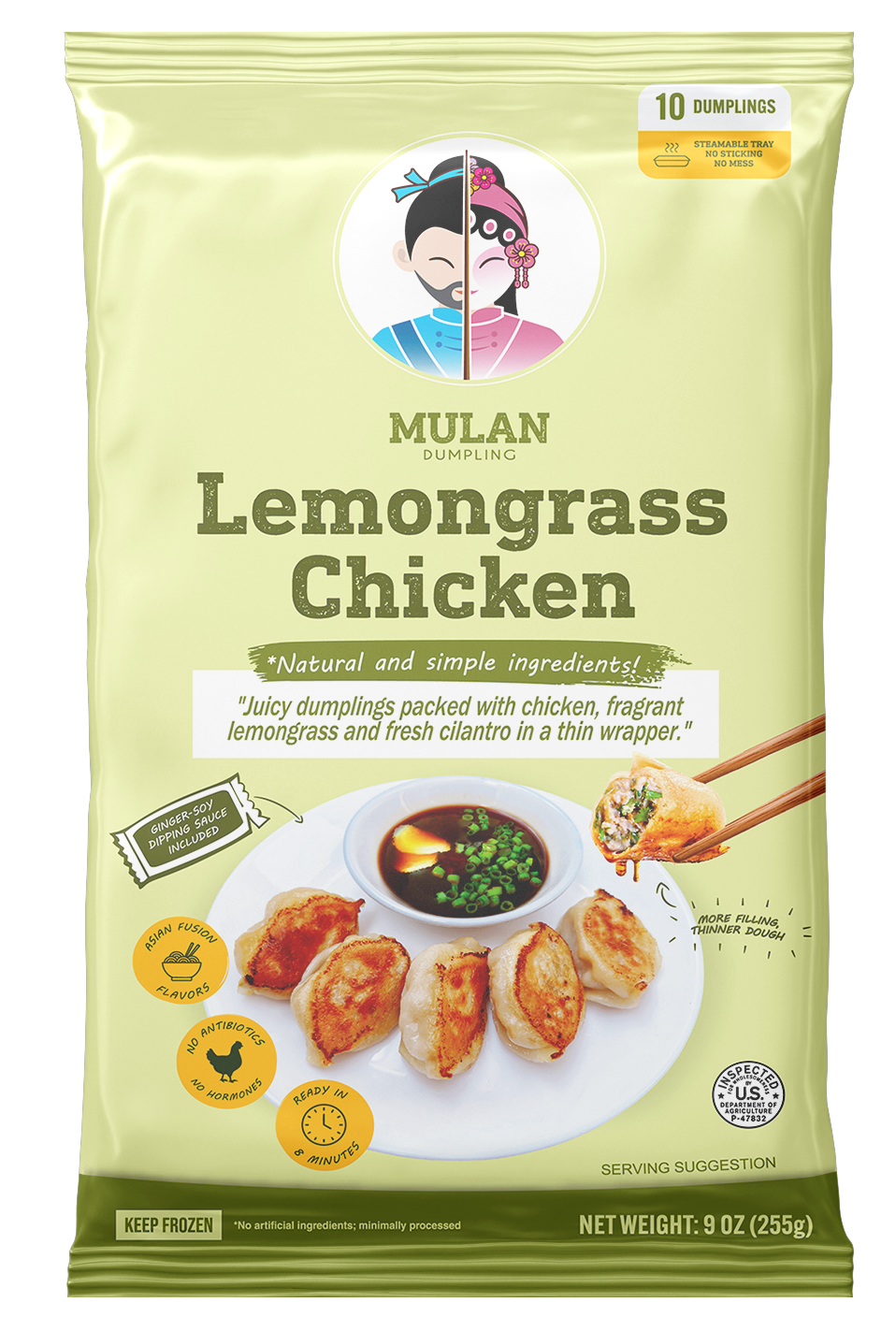 Packaging of Mulan Lemongrass Chicken Dumplings, featuring an illustration of a smiling man and woman, text highlighting the product as natural, with ginger-soy dipping sauce included, and icons indicating Asian fusion flavors, no antibiotics, ready in 8 minutes, and kept frozen.