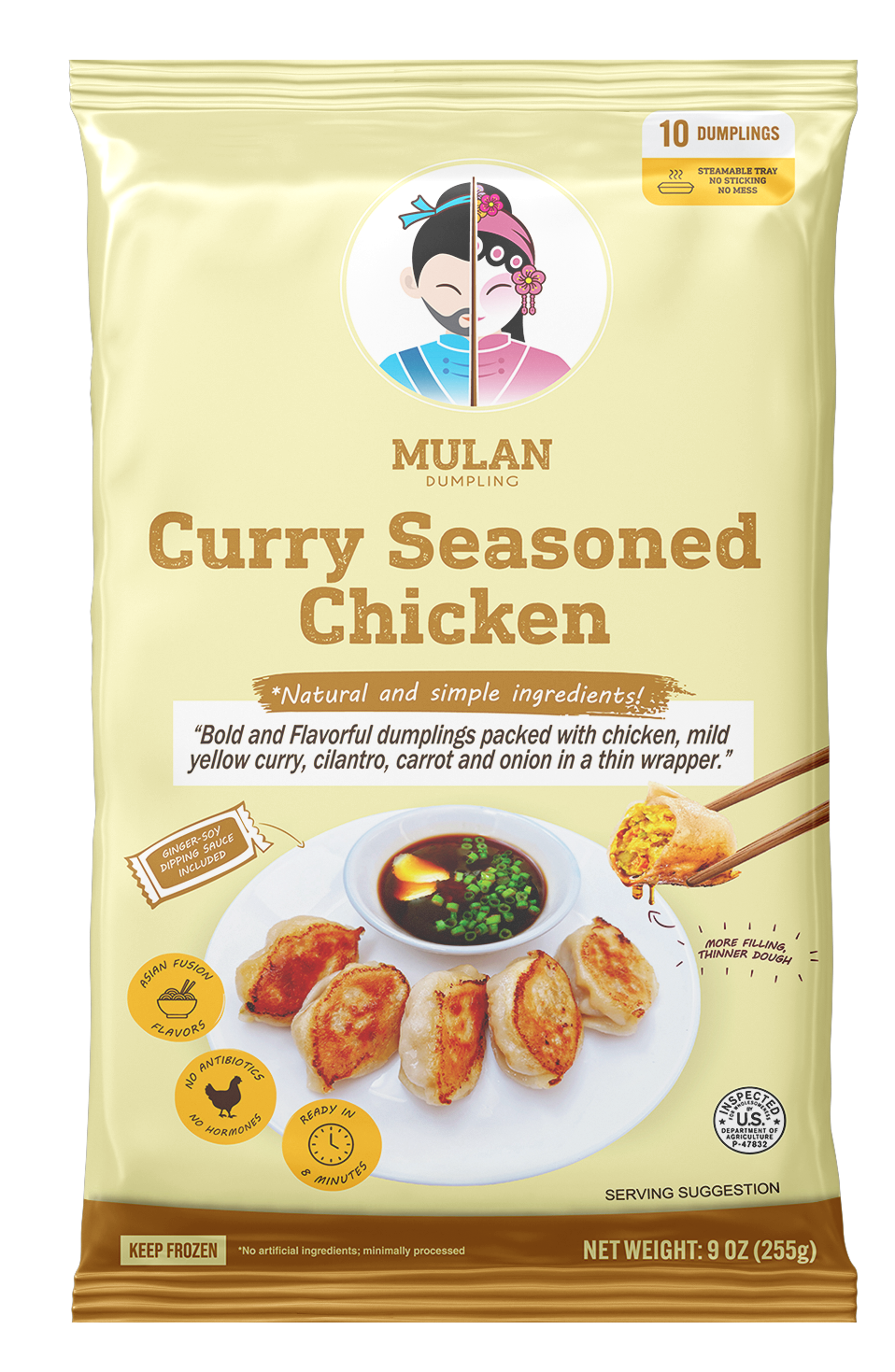 Package of Mulan curry seasoned chicken dumplings with a serving of dipping sauce, labeled as having 10 dumplings, no artificial ingredients, and ready in 8 minutes.