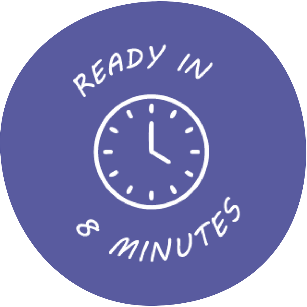 A purple circular graphic with a clock face showing 3:00 and the text 'Ready in 8 minutes' around it.