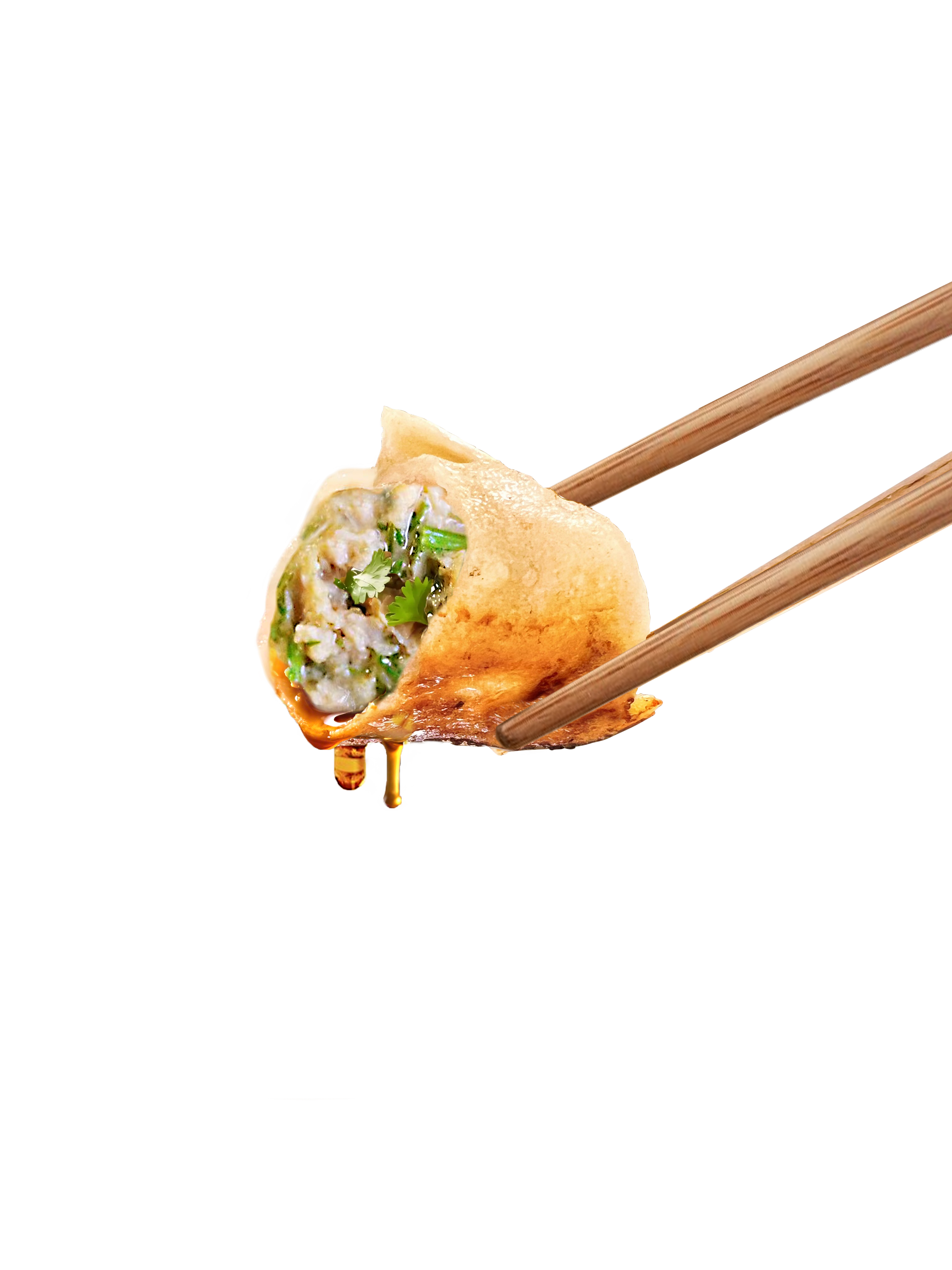 Close-up of a partially eaten spring roll held with chopsticks, showing its filling of vegetables and meat, with sauce dripping from it.
