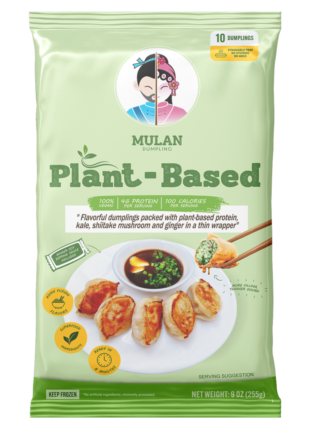 Package of Mulan Plant-Based Dumplings. Front view showing a plate of cooked dumplings with dipping sauce, chopsticks holding one dumpling, and green packaging with product details.