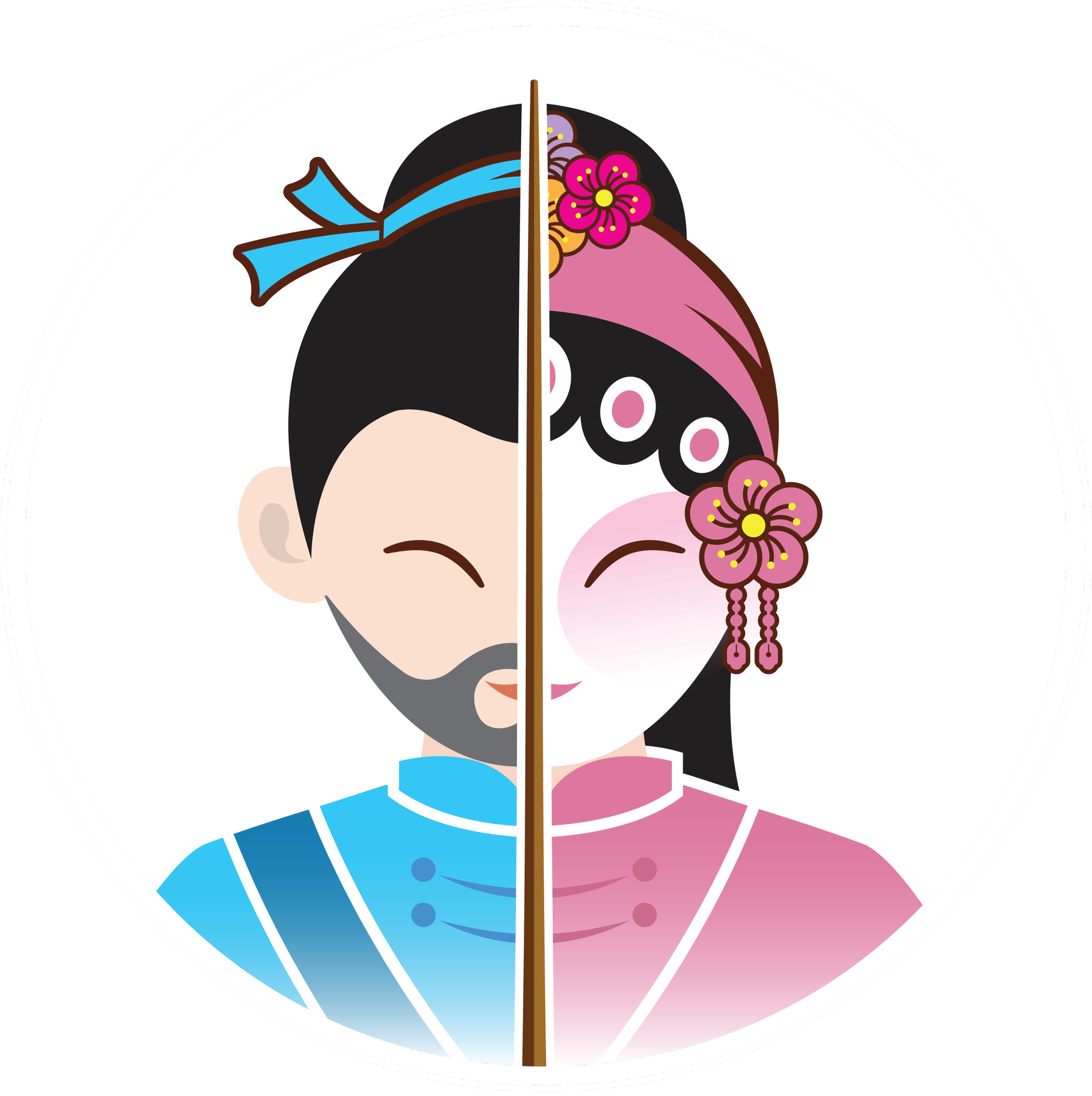 Cartoon illustration of a man and woman dressed in traditional Chinese wedding attire, with a dividing line down the middle of the image.