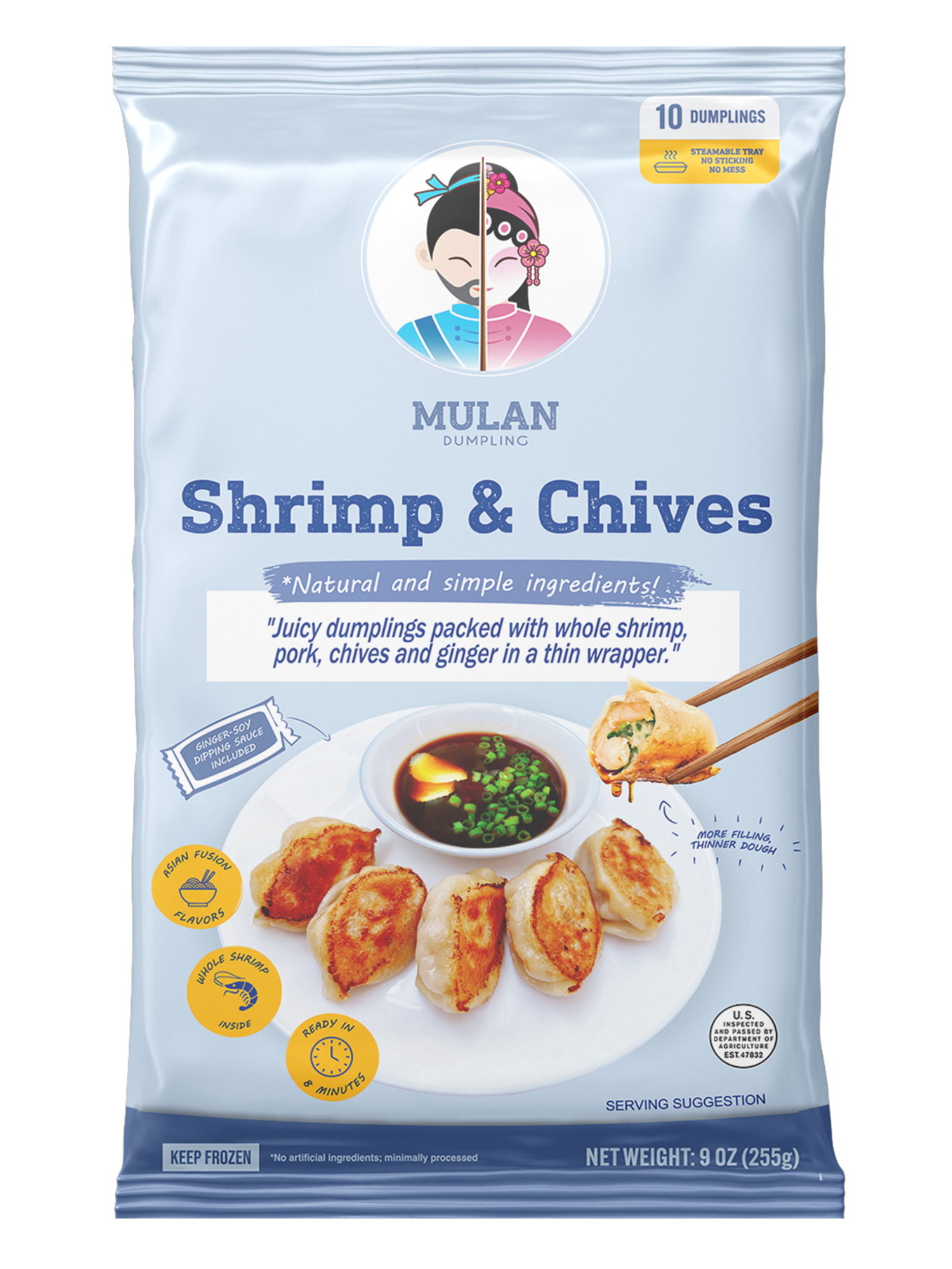 Frozen bag of Mulan shrimp and chives dumplings, shows a bowl of soy sauce with green onions, with cooked dumplings on a plate and chopsticks.