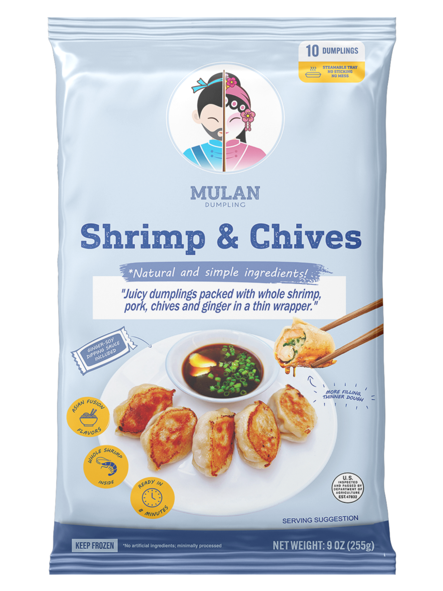 Packaging of Mulan Shrimp & Chives Dumplings, frozen, with an illustration of a smiling man and woman in traditional attire, a plate of cooked dumplings with dipping sauce, and icons indicating Asian fusion flavors, whole shrimp inside, ready in 8 minutes, 10 dumplings, net weight 9 oz.