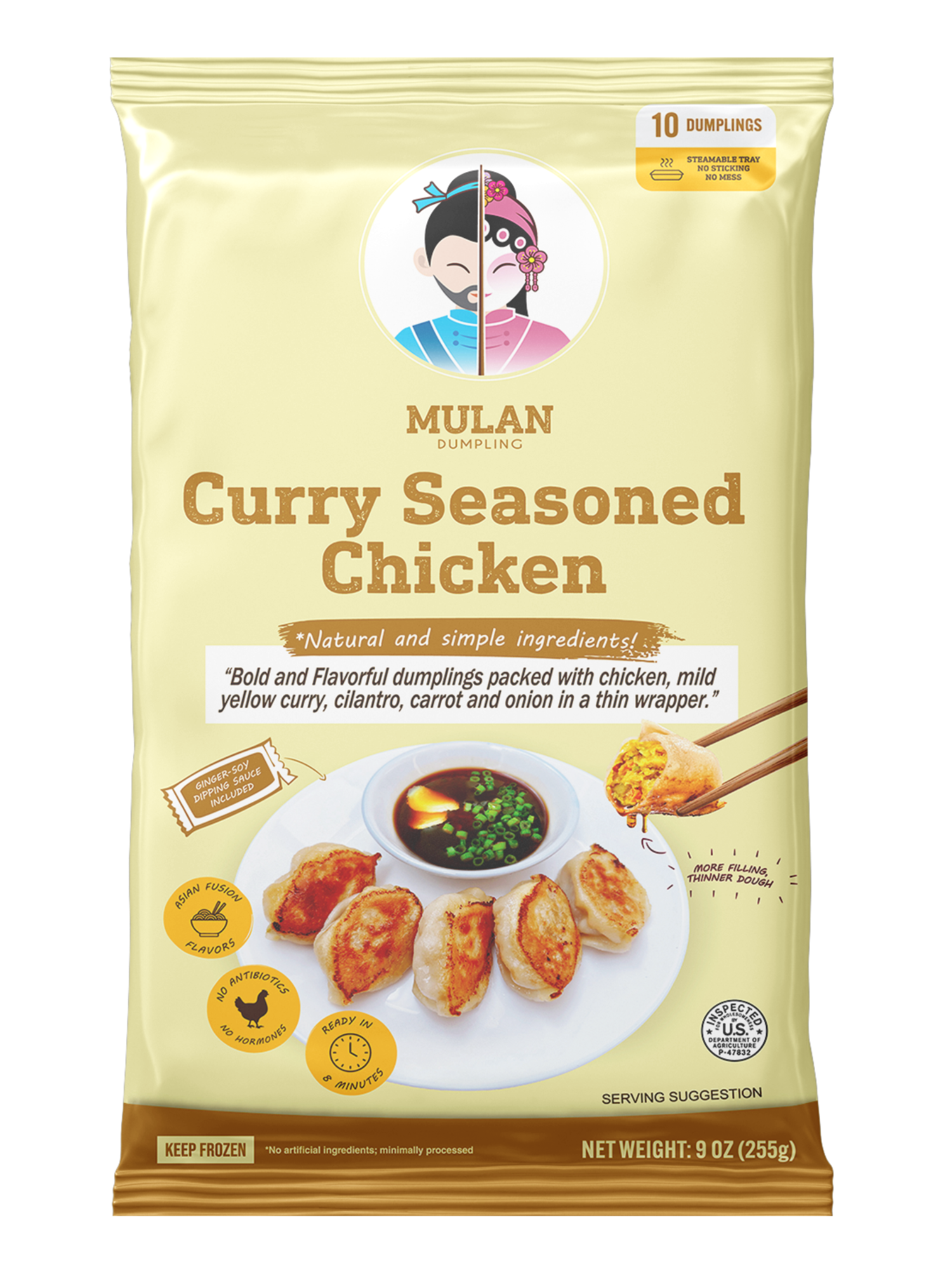 Package of Mulan Curry Seasoned Chicken Dumplings with a picture of cooked dumplings and a dipping sauce, featuring branding and product details.