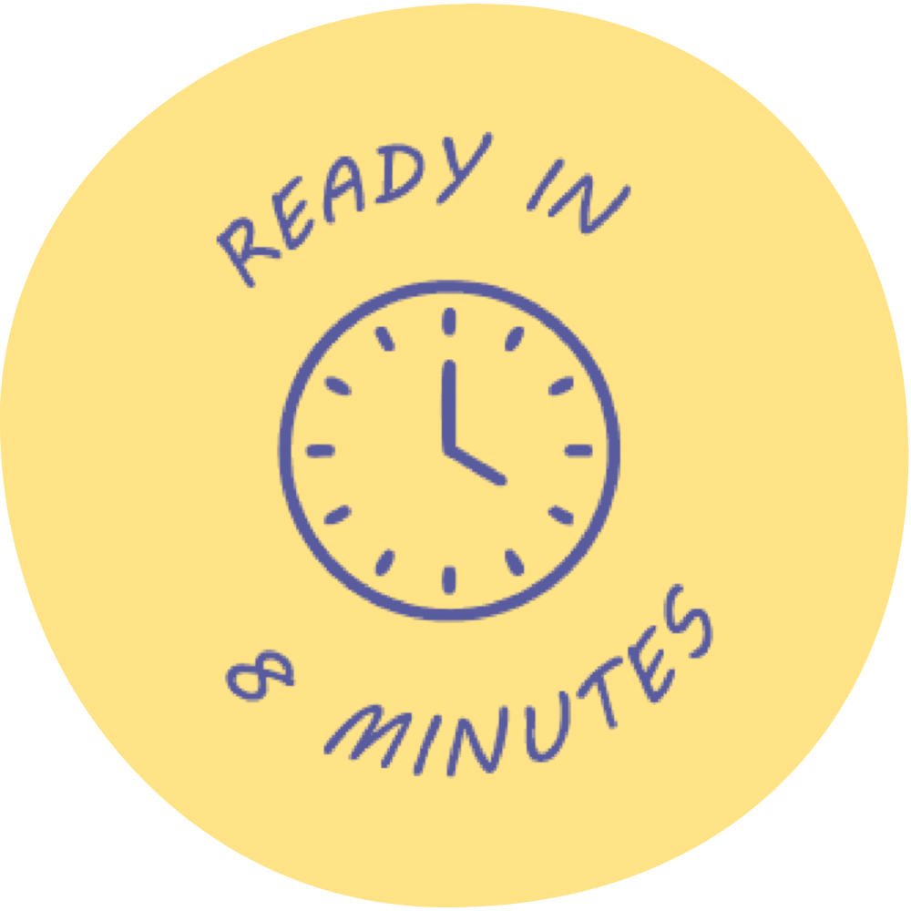 Yellow circular sticker with a clock showing 5:00, and the words "Ready in 5 minutes" written around it.