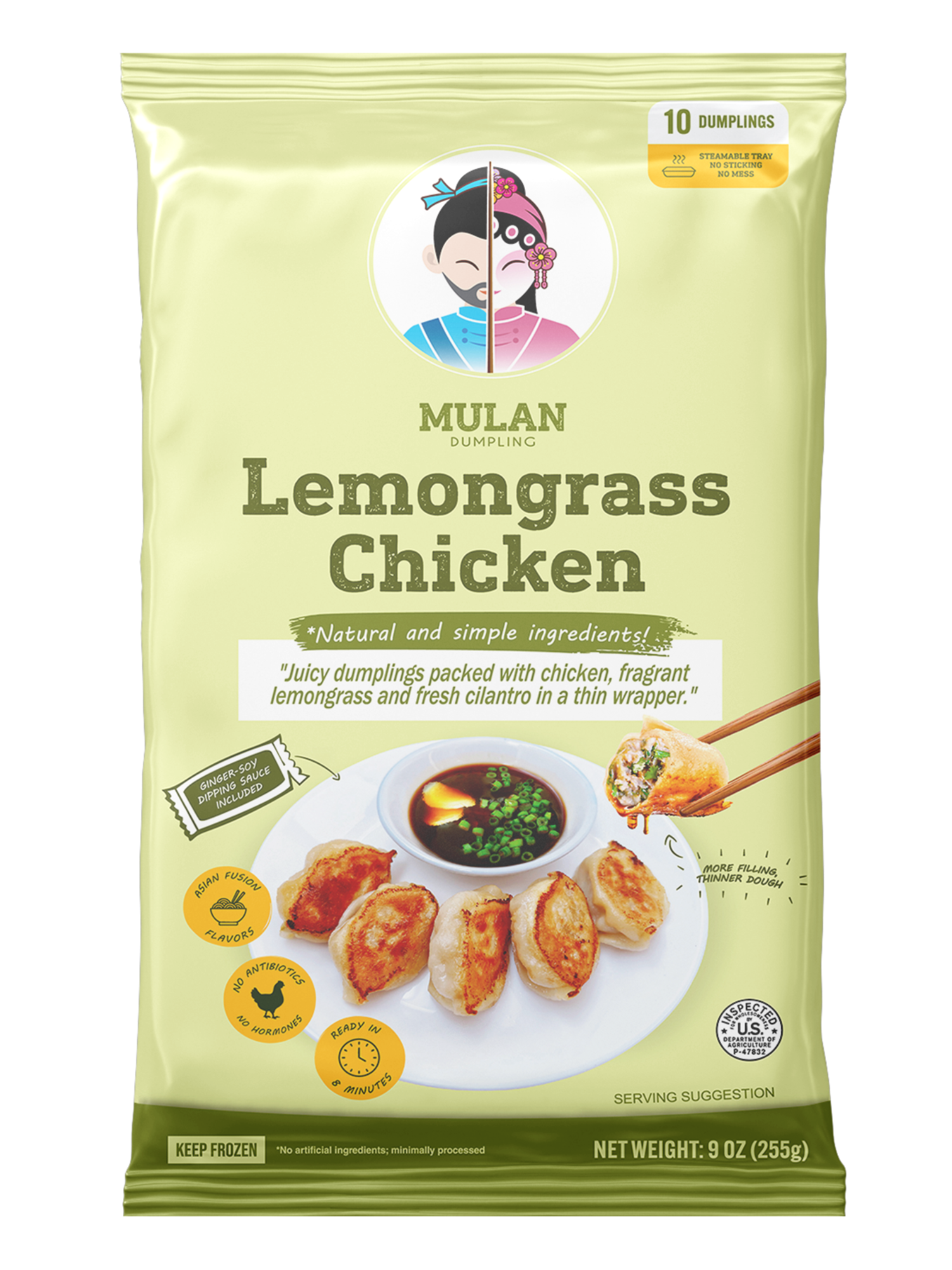 Package of Mulan Lemongrass Chicken dumplings with illustration of a character from Mulan and a plate of cooked dumplings with dipping sauce.