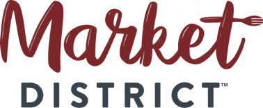 Logo of Market District with stylized text in red and blue