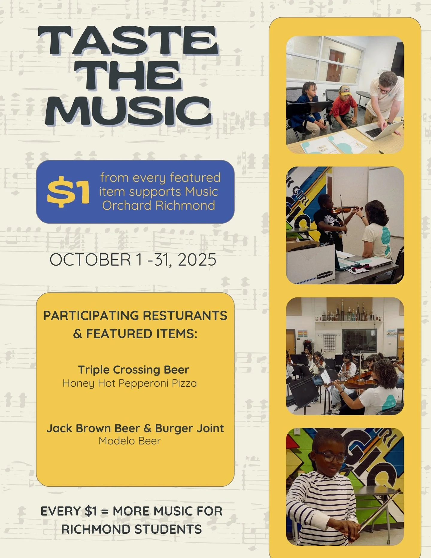 All October long! 🎶
$1 from every special menu item at Triple Crossing Brewery (Fulton Hill) and Jack Brown’s will support Music Orchard Richmond, helping provide free music education and instruments to Richmond students.
Good food, good bee