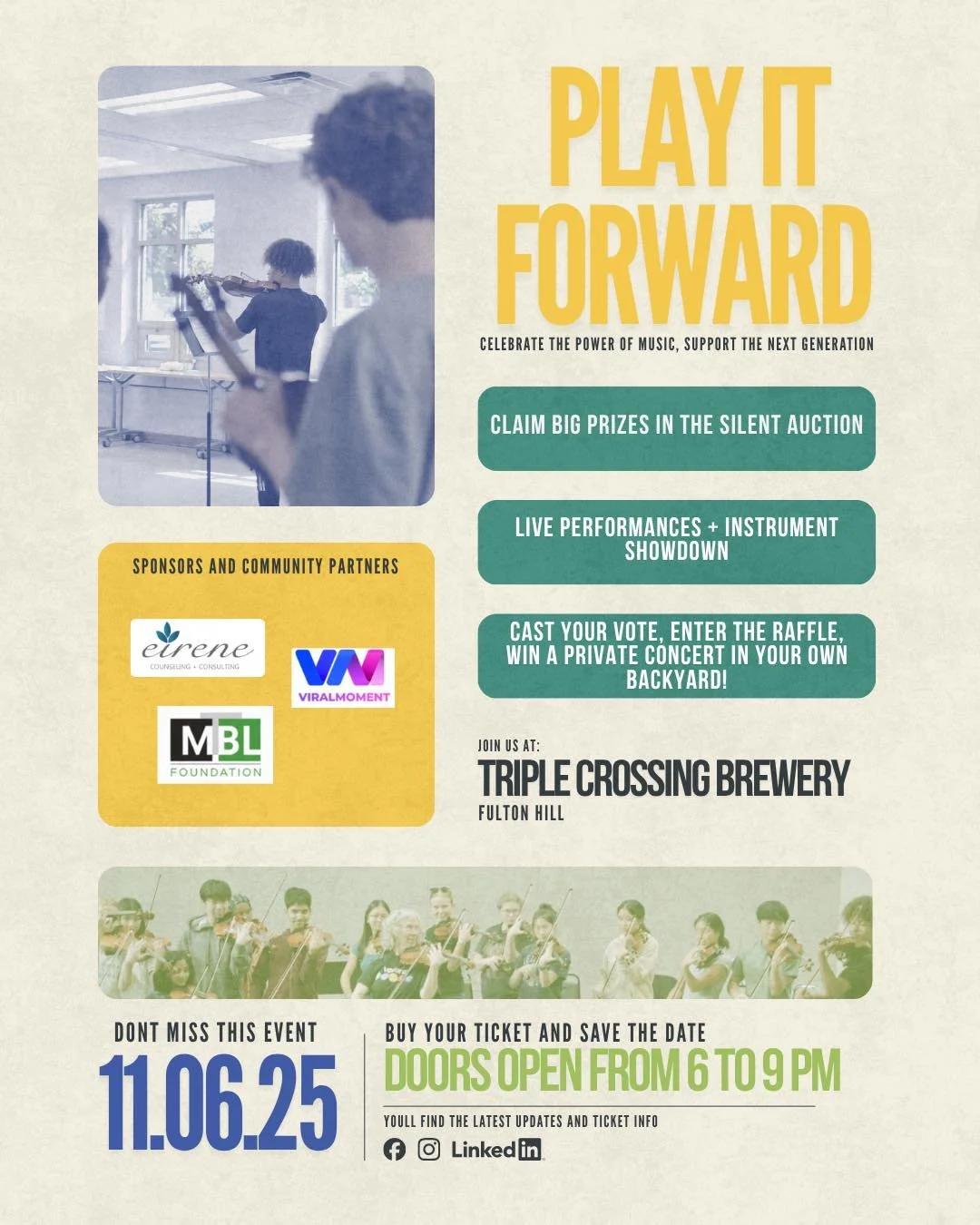 🎶 Play It Forward ... November 6 at Triple Crossing Brewery (Fulton Hill)!
A night of live music, food, and community. All to help expand access to music education for Richmond’s kids.
🎤 Featuring Music Orchard Richmond students + Teaching