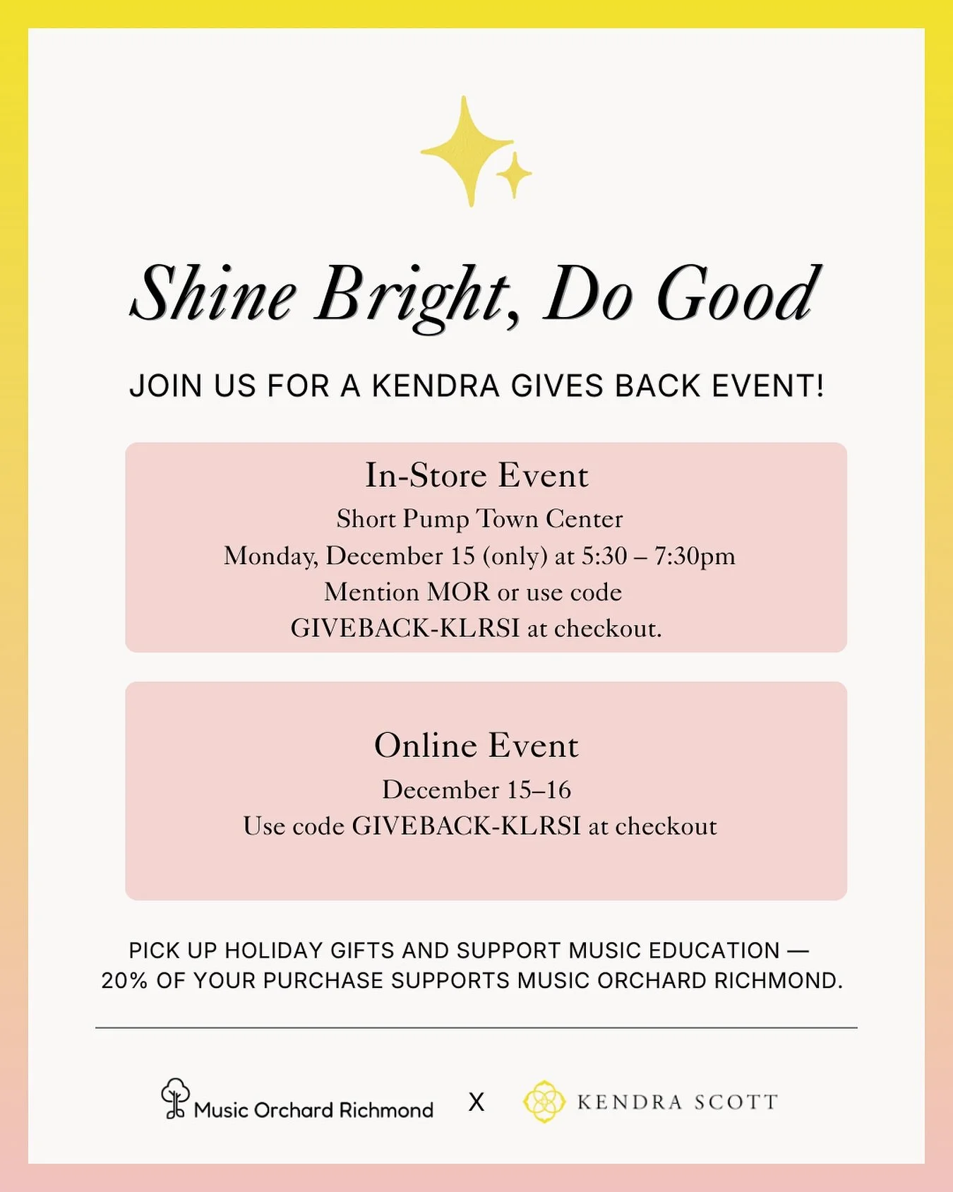 We&rsquo;re excited to partner with Kendra Scott for their Shine Bright, Do Good event ✨

Join us in store on Monday, 12/15 at Short Pump Town Center from 5:30&ndash;7:30pm.  Just mention Music Orchard Richmond or use the code GIVEBACK-KLRSI at check