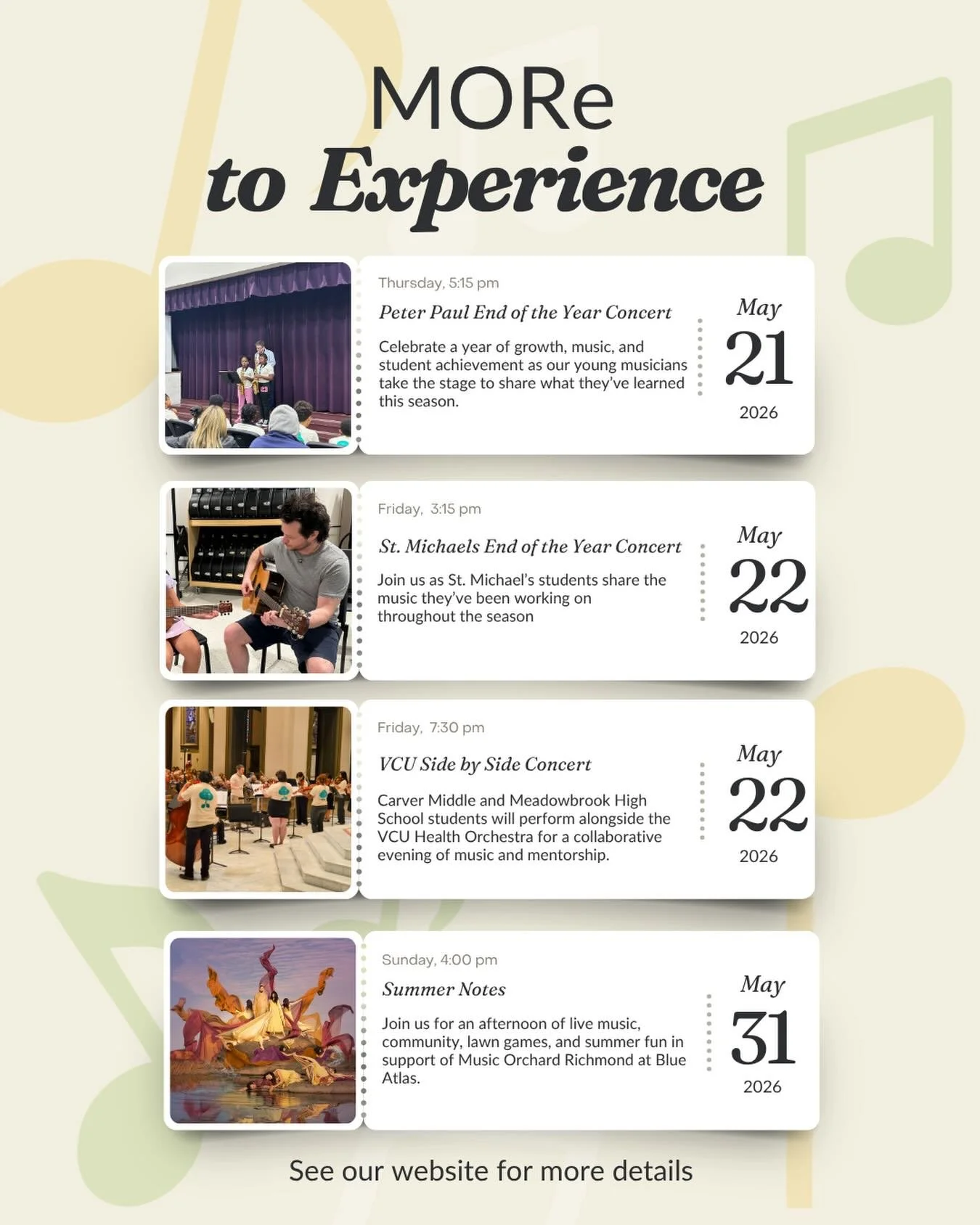 Mark your calendars for a month full of music, community, and MORe 🎻

From student performances to collaborations with the VCU Health Orchestra to Summer Notes at Blue Atlas, we&rsquo;ve got an exciting few weeks ahead.

See you there 💛